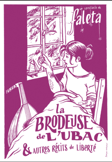 Gravure qui repr&eacute;sente une femme brodant et regardant par la fen&ecirc;tre